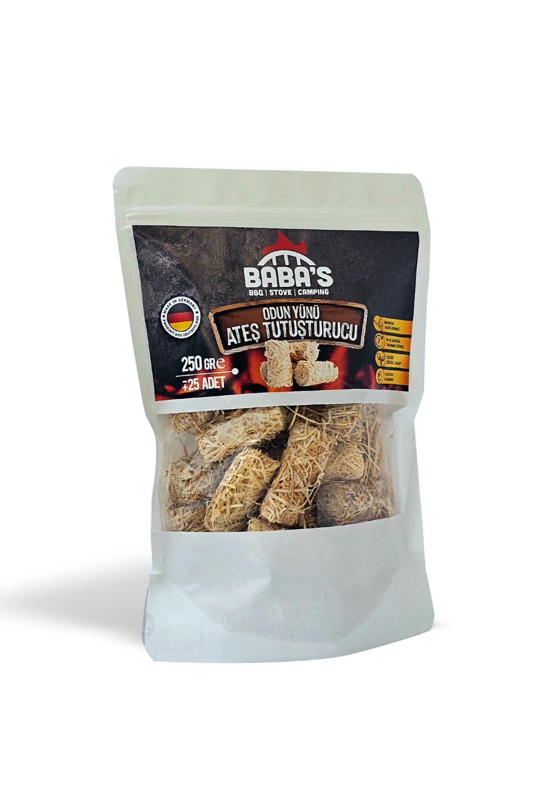 ODUN YÜNÜ TUTUŞTURUCU / BBQ, MANGAL, SOBA, ŞÖMİNE TUTUŞTURUCU / 25 AD - 250 GR / BABA'S BBQ