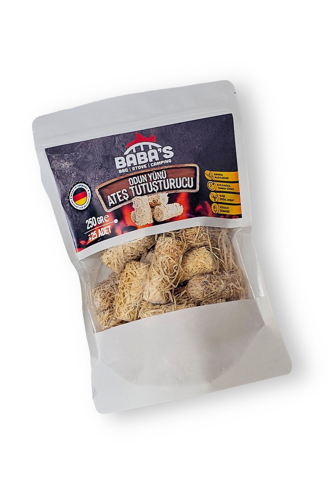 ODUN YÜNÜ TUTUŞTURUCU / BBQ, MANGAL, SOBA, ŞÖMİNE TUTUŞTURUCU / 25 AD - 250 GR / BABA'S BBQ