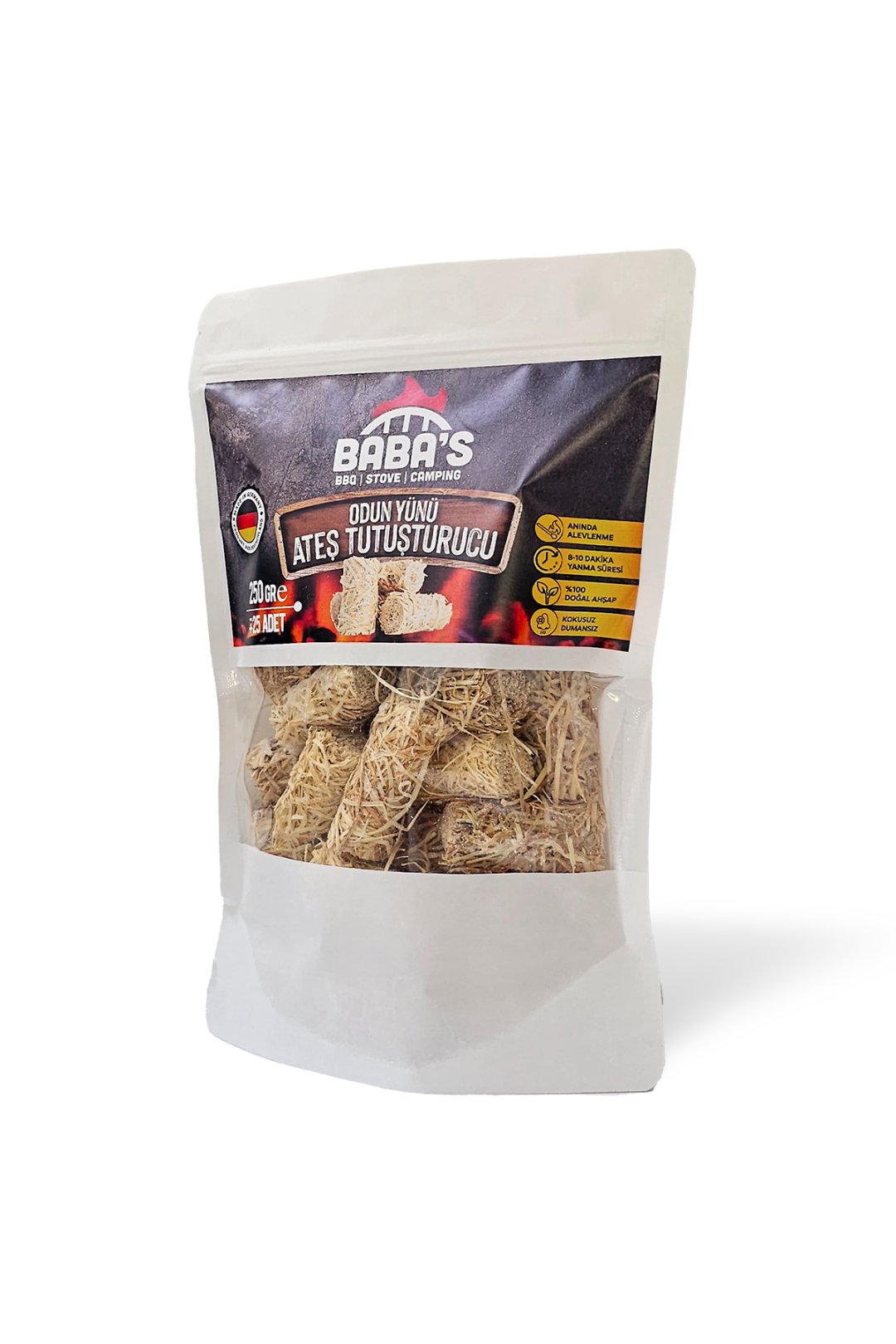 ODUN YÜNÜ TUTUŞTURUCU / BBQ, MANGAL, SOBA, ŞÖMİNE TUTUŞTURUCU / 25 AD - 250 GR / BABA'S BBQ