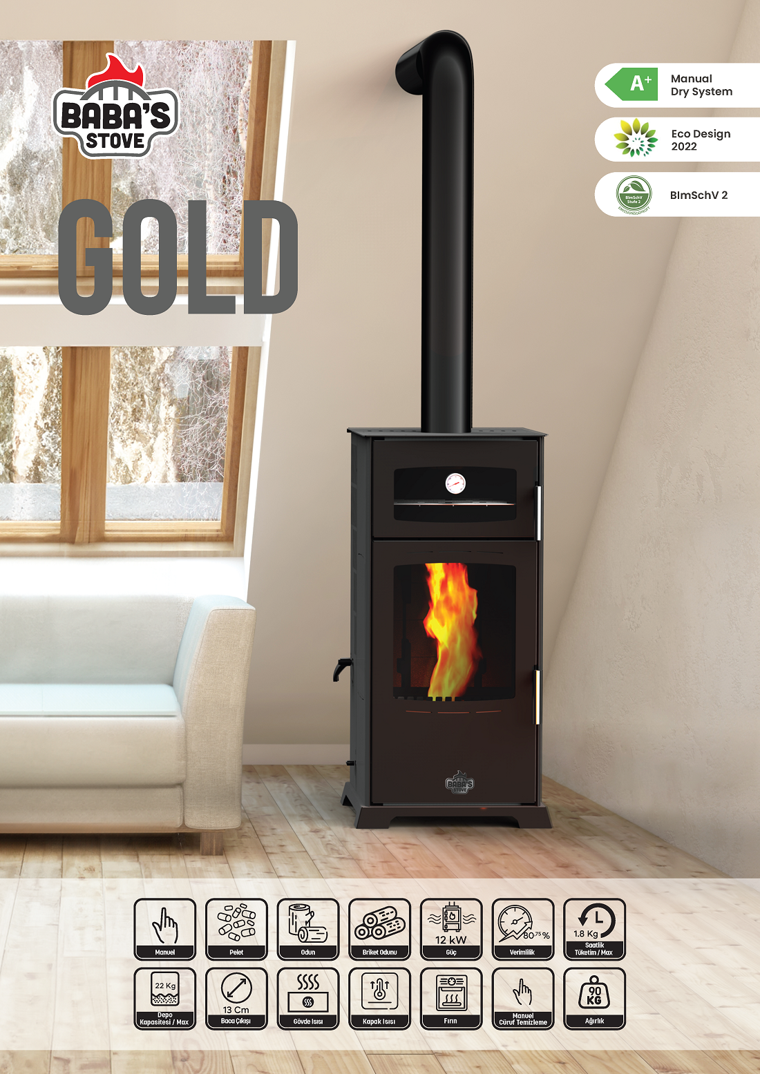 GOLD 12 KW KUZİNE / MANUEL PELET VE ODUN SOBASI / BABA'S STOVE
