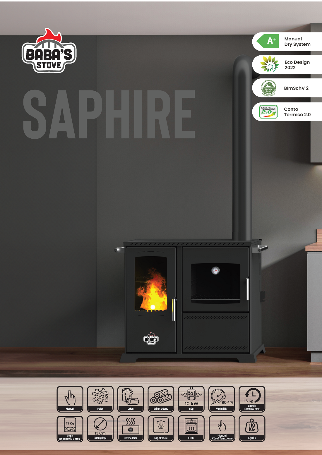 SAPHIRE 10 KW KUZİNE/ MANUEL PELET VE ODUN SOBASI / BABA'S STOVE